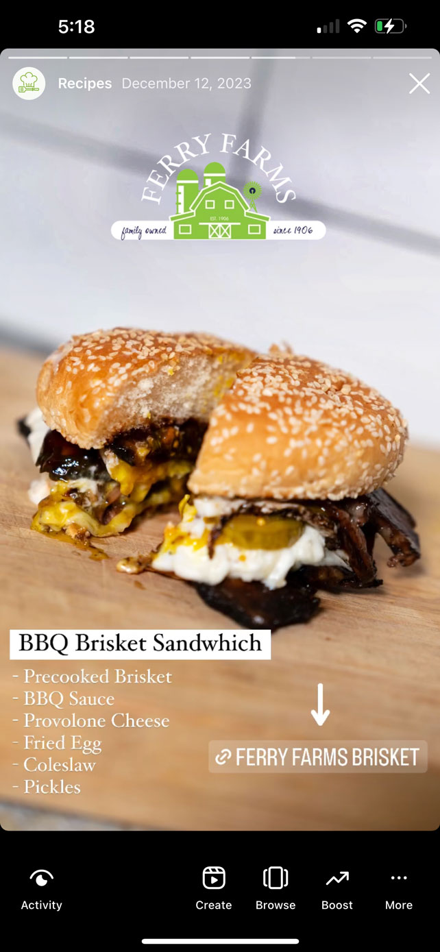 Ferry Farms Brisket Sandwich Photo